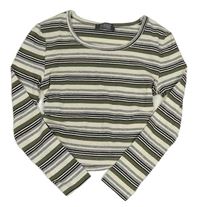 Šedo-černo-khaki pruhované rebrované crop tričko Primark