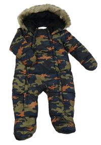Kaki-čierno-hnedá army šušťáková zimná kombinéza s kapucňou Primark