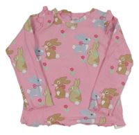 Ružové kvetované rebrované tričko s králikmi a volánikmi