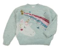 Svetlomodrý chlpatý sveter s králikom a kometou z flitrů F&F