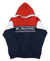 Červeno-tmavomodro-biela mikina s nápisom a kapucňou