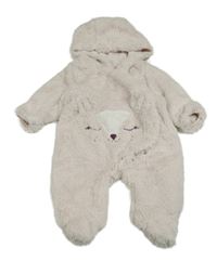 Pudrová kožušinová podšitá kombinéza s ňufáčikom  a kapucňou