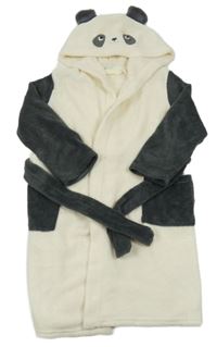 Krémovo-tmavošedý chlupatý župan s kapucí - panda H&M