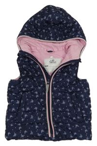 Tmavomodrá šusťáková zateplená vesta s motýly a kapucí Topolino