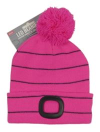 Nové - Neonově růžovo-černá pruhovaná čepice s bambulí