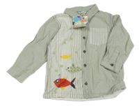 Nové - Khaki-smetanová pruhovaná košile s rybkami