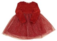 Tmavočervené žinylkovo/tylové šaty s puntíky H&M