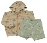 2set - Hnědá propínací oversize mikina s dinosaury a kapucí + zelenošedé baggy kraťasy George