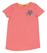 Neónově ružové tričko s vreckom a listami Kiki&Koko