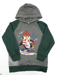 Tmavošedo-tmavozelená mikina s tučňákem a kapucí BPC