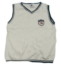 Biela svetrová vesta so zeleným lemem a nášivkou