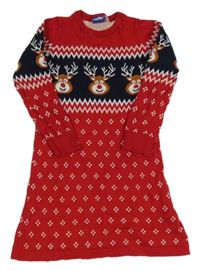 Červeno-tmavomodré vzorované pletené šaty so sobmi Lupilu