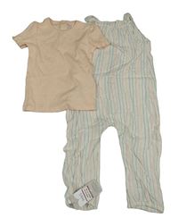 Nové - 2 set - meruňkové žebrované tričko + bílo-barevný pruhovaný lněný kalhotový overal M&S