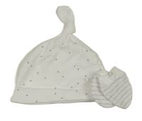 Nové - 2 set - bílá bavlněná čepice s hvězdičkami + bílo-šedé pruhované rukavice Primark