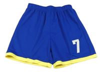 Modré sportovní kraťasy se žlutým lemem a číslem 