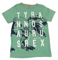 Zelené melírované tričko s dinosaurom a nápisom Rebel
