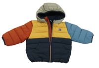 Tmavomodro-žlto-zeleno-tehlová šušťáková zimná bunda s kapucňou zn. Next