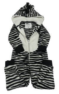 Bílo-černá pruhovaná plyšová kombinéza s kapucí - zebra 