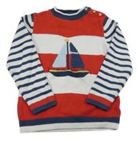 Červeno-bílo-tmavomodrý svetr s lodí Next