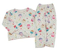 Bílé žebrované pyžamo s hvězdami a dortíky 