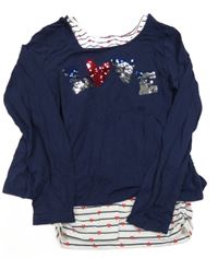 Tmavomodré tričko s nápisem z flitrů a všitým pruhovaným topem so srdiečkami Yigga