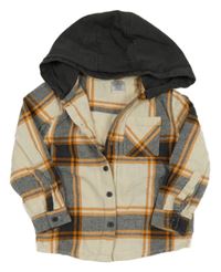 Béžovo-oranžovo-antracitová kostkovaná košile s kapucí Little kids