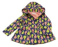 Tmnavomodro-růžovo-zelený voděodolný jarní kabátek s hruškami a kapucňou