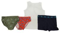 4set - Bílý nátělník + tmavomodré boxerky s auty + khaki slipy s hvězdami + červené slipy s auty 