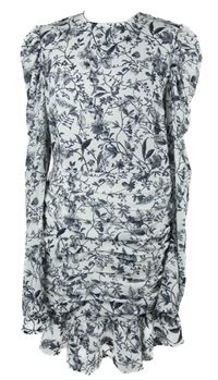 Nové - Dámské bílo-šedé kytičkované šaty s volnými zády a řasením 