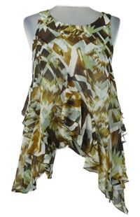 Dámska modro-hnedo-biela vzorovaná šifónová blúzka s cípy H&M