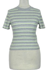 Dámske sivo-zeleno-biele prúžkované rebrované crop tričko
