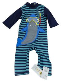 Tmavomodro-modrý pruhovaný UV overal se žralokem Mothercare