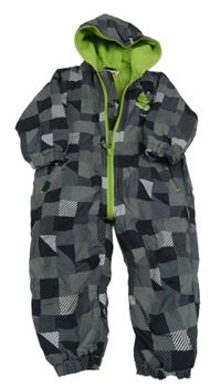 Sivo-čierno-biela kockovaná šušťáková zateplená kombinéza so žabkou a kapucňou Bluezoo