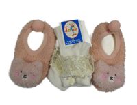 2set- růžové huňaté bačkorky s medvědem+ bílé ponožky s volánkem