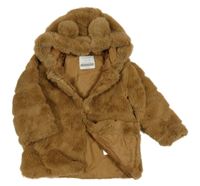 Hnědý chlupatý zateplený kabát s kapucí Primark
