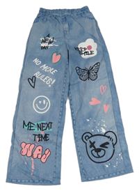 Modré lehké kalhoty riflového vzhledu s obrázkami Shein