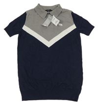 Nové - Šedo-tmavomodré pletené polo tričko George