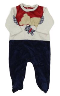 Tmavomodro-bielo-červený zamatový overal s medvěďom Mayoral