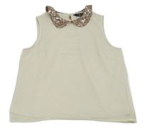 Smetanový šifonový halenkový top s límečkem z flitrů New Look