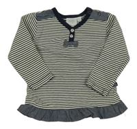 Bielo-tmavomodré pruhované tričko s mašlou a volánikom