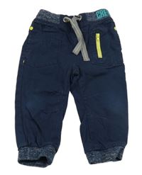 Tmavomodré plátenné podšité nohavice s úpletovým pasom Topomini