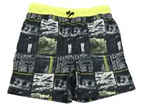 Čierno-sivé plážové kraťasy s fotkami a neónovým pasom Yigga