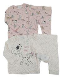 Nové - 4set- 2x triko s dalmatiny + 2x legíny - bílé puntíkaté + růžové Disney