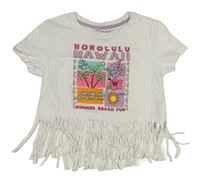 Biele crop tričko s potlačou a strapcemi Primark