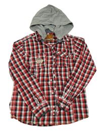 Červeno-čierno-biela kockovaná košeľa s kapucňou C&A