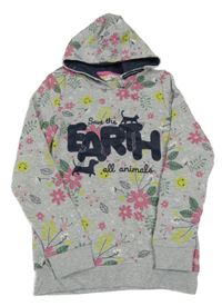 Šedá melírovaná mikina s kytičkami a kapucí Kids