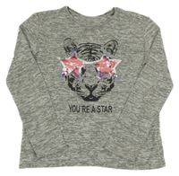 Sivý melírovaný ľahký sveter s tigrom a flitrami C&A