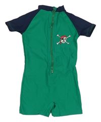 Zeleno-tmavomodrý UV kraťasový overal s pirátem