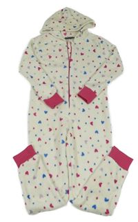 Bílá chlupatá kombinéza se srdíčky a kapucí 9th Avenue