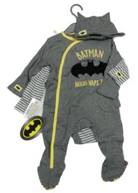 Nové - 4set - Šedý overal + pruhované body s Batmanem + čepice + šátek